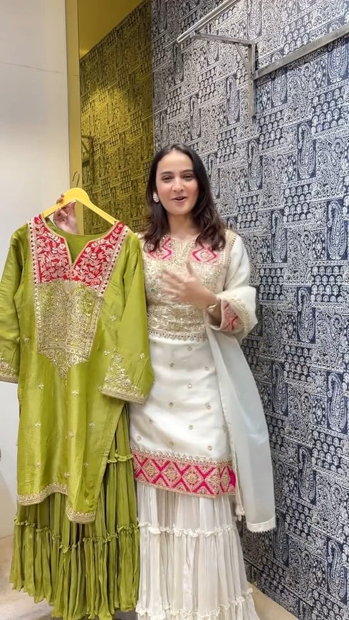 Ivory & Pink Handcrafted Embroidered Kurta Set with Sharara & Dupatta